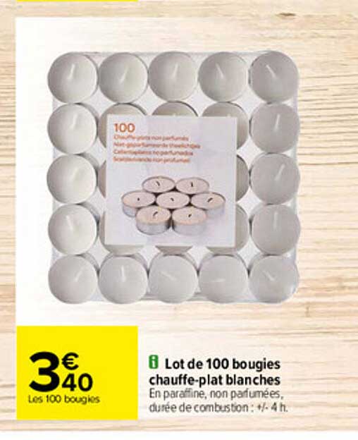 lot de 100 bougies chauffe-plat blanches
