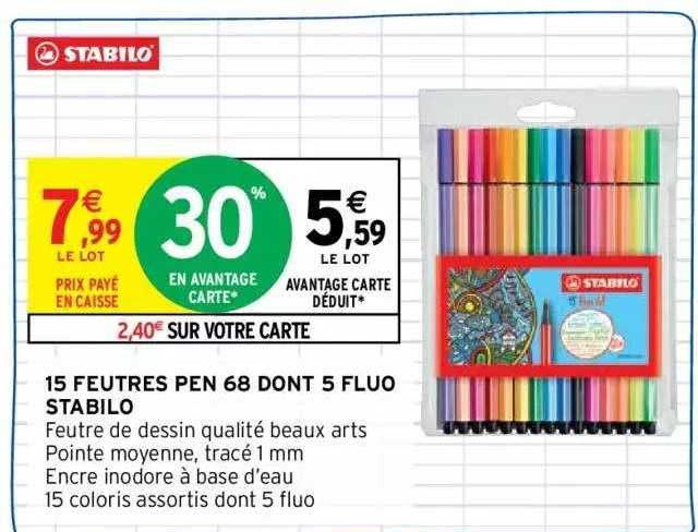 15 feutres pen 68 dont 5 fluo stabilo