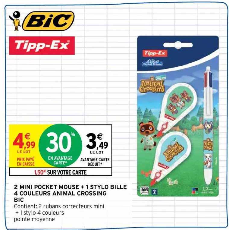 2 mini pocket mouse + 1 stylo bille 4 couleurs animal crossing bic