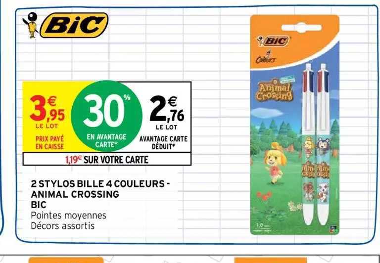 2 stylos bille 4 couleurs - animal crossing bic