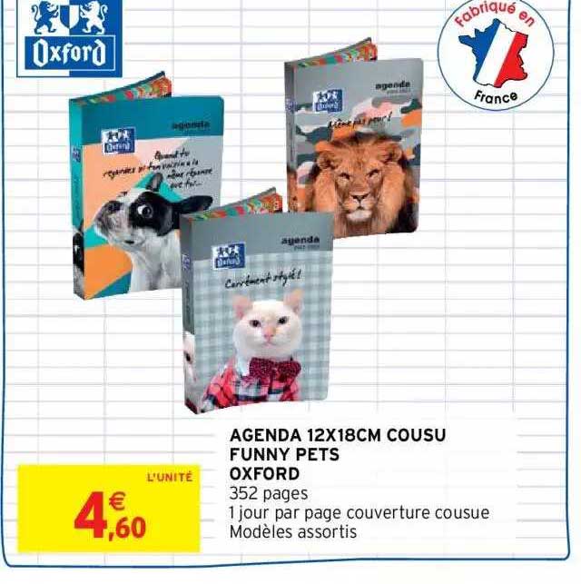 agenda 12 x 18 cm cousu funny pets oxford