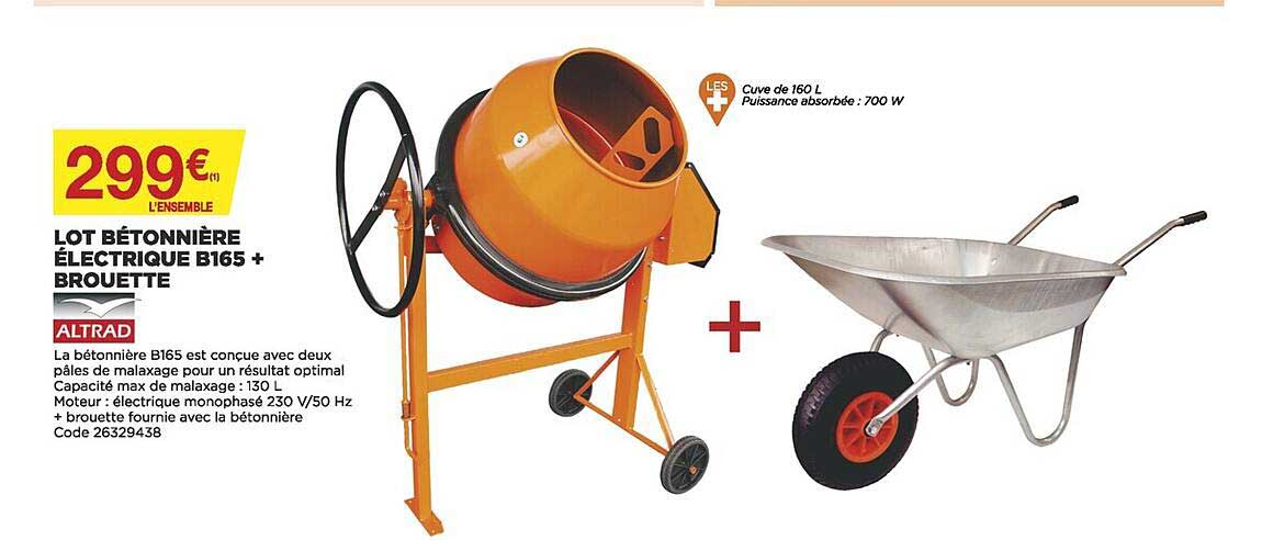 bétonnière électique b165+ brouette