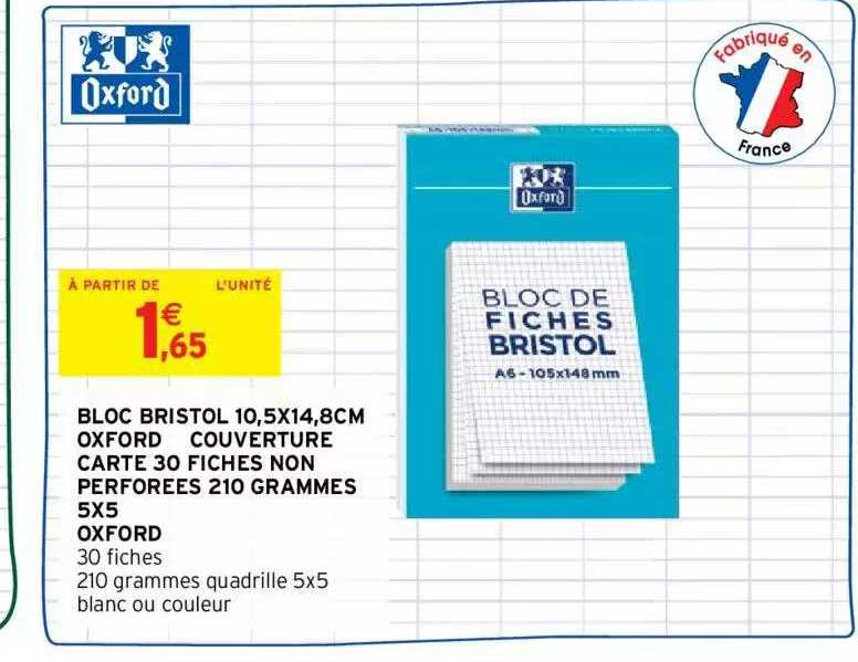 bloc bristol 10,5 x 14,8 cm oxford couverture carte 30 fiches non perforées 210 grammes 5 x 5 oxford