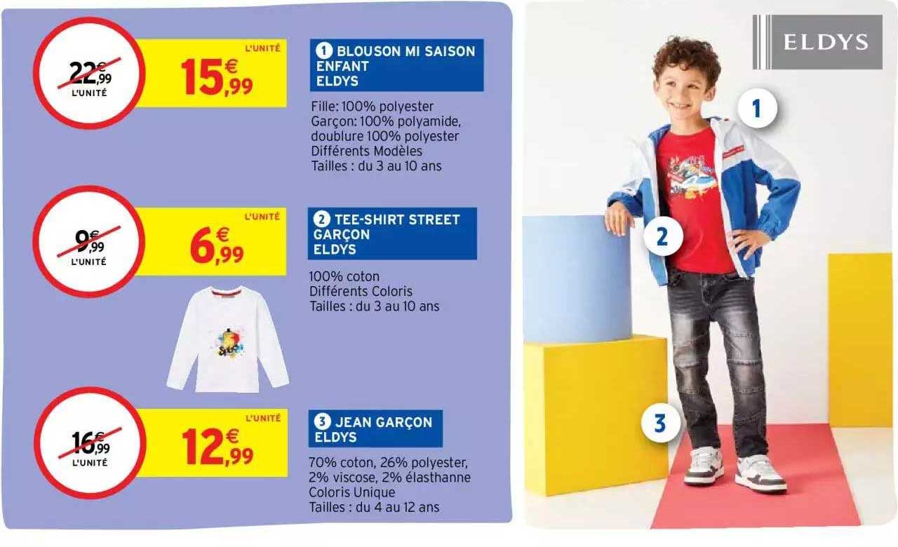 blouson mi saison enfant eldys, tee-chirt street garçon eldys, jean garçon eldys