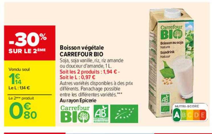 Boisson Végétale Carrefour Bio -30% Sur Le 2ème