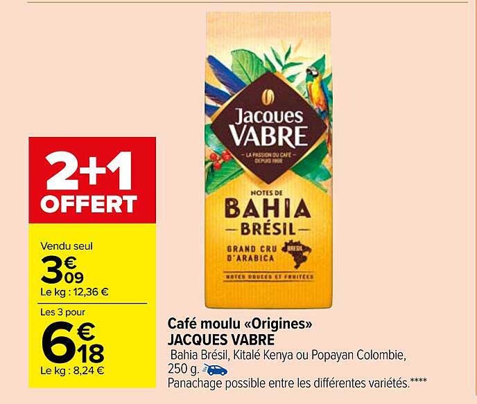 café moulu origines jacques vabre 2+1 offert