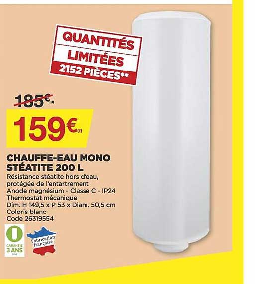 chauffe-eau mono stéatite 200 l