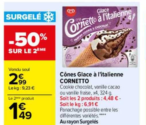 cônes glace à l'italienne cornetto -50% sur le 2ème