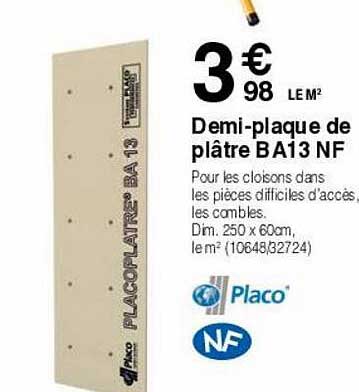 demi-plaque de plâtre b a13 nf placo