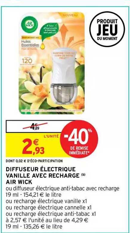 diffuseur électrique vanille avec recharge air wick