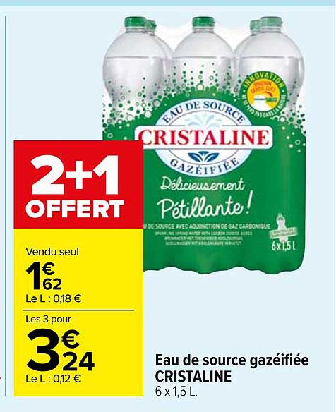 eau de source gazéifiée cristaline 2+1 offert