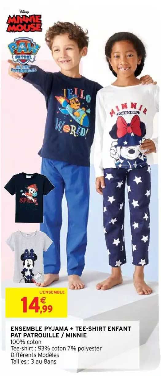 ensemble pyjama + tee-dhirt enfant pat patrouille-minnie