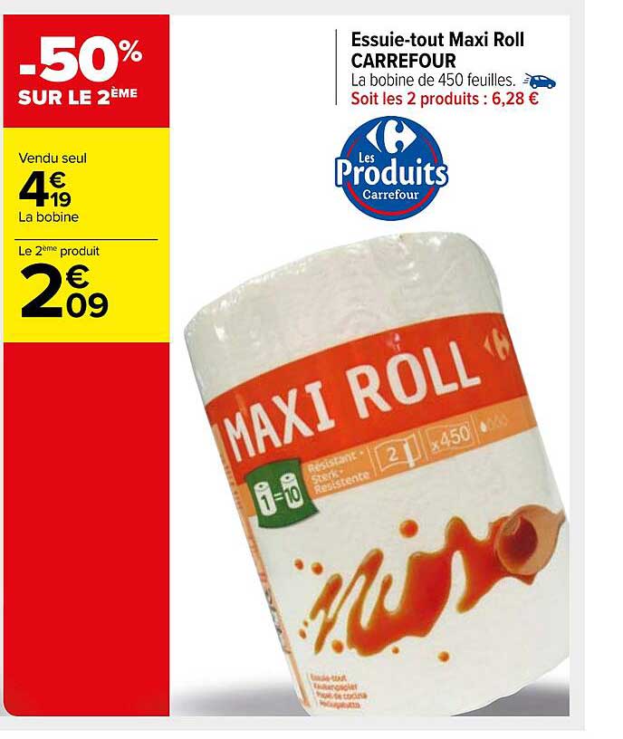 essuie-tout maxi roll carrefour -50% sur le 2ème