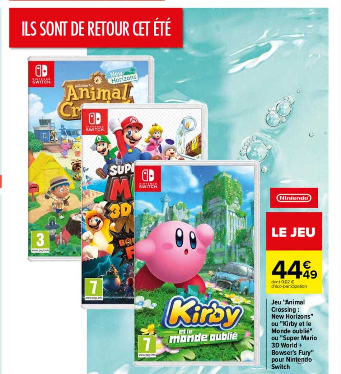jeu animal crossing: new hoorizons ou kirby et le monde oublie ou super mario 3d world + browser's fury pour nintendo switch