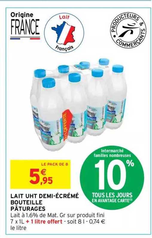 lait uht demi-écrémé bouteille pâturages