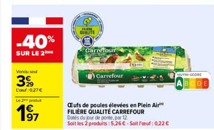 œufs de poules élevées en plein air filière qualité carrefour -40% sur le 2ème
