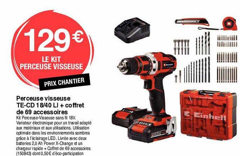 perceuse visseuse te-cd 18 40 li + coffret de 69 accessoires