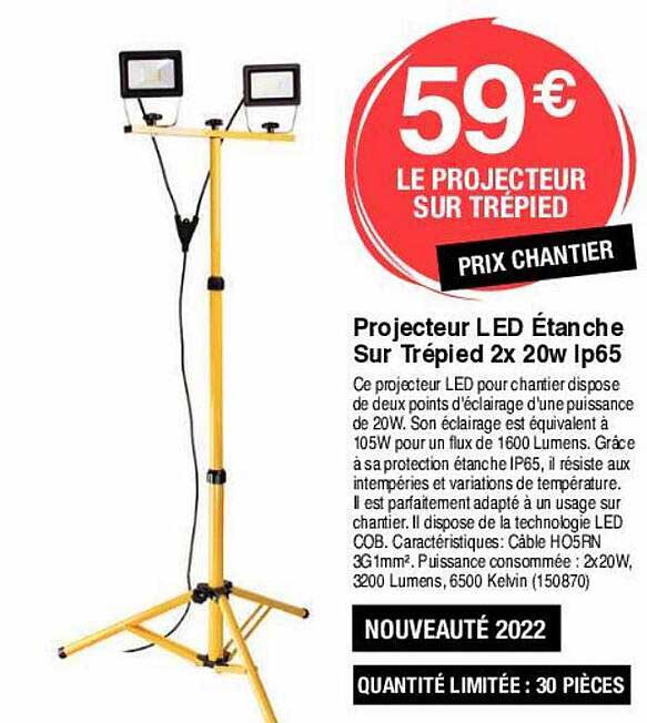 projecteur led étanche sur trépied 2x 20w ip65