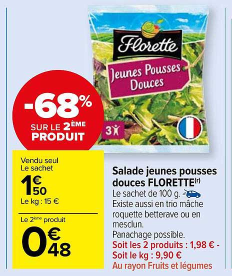 salade jeunes pousses douces florette -68% sur le 2ème produit