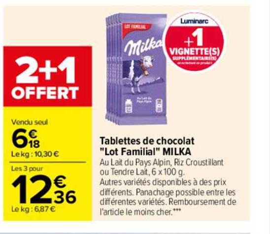 Tablettes De Chocolat "lot Familial" Milka 2+1 Offert