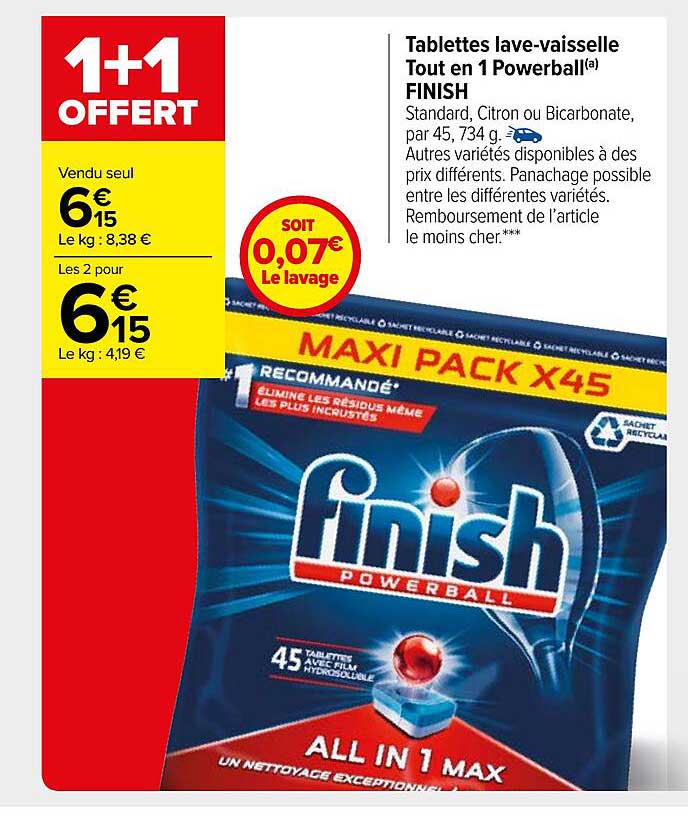 tablettes lave-vaisselle tout en 1 powerball finish 1+1 offert