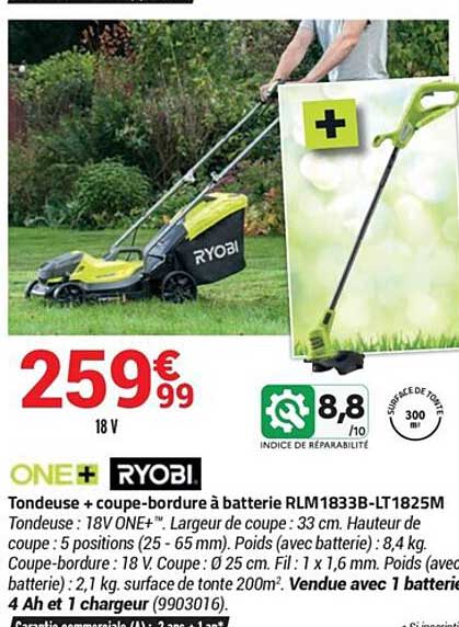tondeuse + coupe-bordure à batterie rlm 18338-lt1825m one+ ryobi