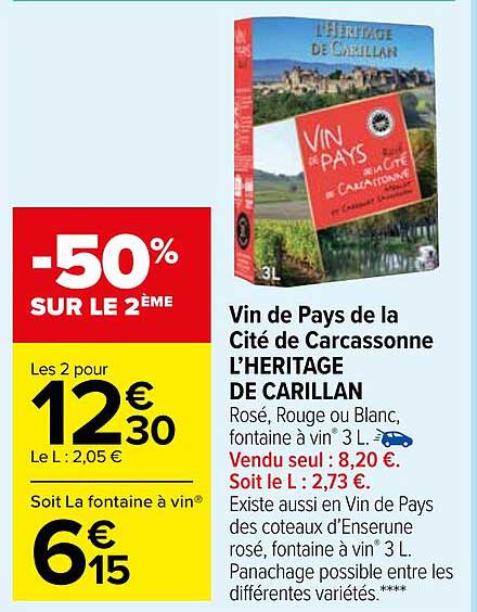 vin de pays de la cité de carcassonne l'heritage de carillan -50% sur le 2ème