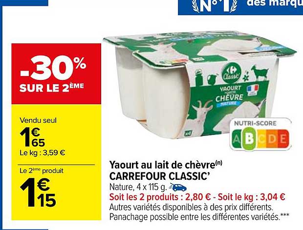 Yaourt Au Lait De Chèvre Carrefour Classic -30% Sur Le 2ème