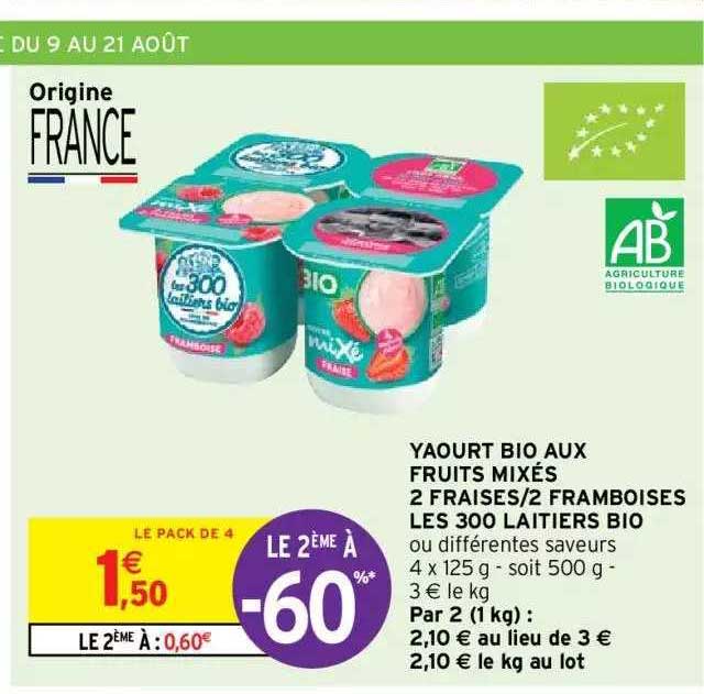 Yaourt Bio Aux Fruits Mixés 2 Fraises - 2 Framboises Les 300 Laitiers Bio