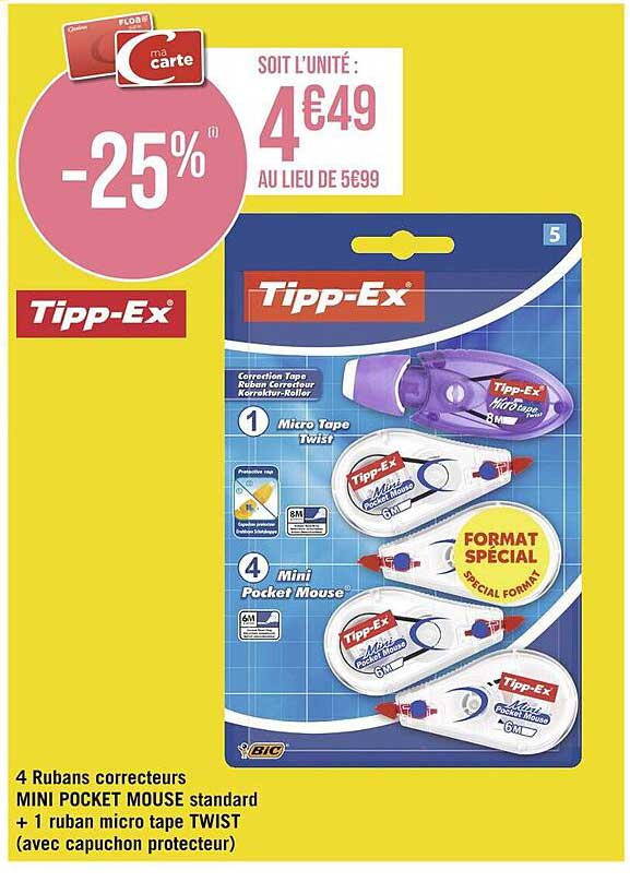 4 rubans correcteurs mini pocket mouse standard + 1 ruban micro tape twist (avec capuchon protecteur) tipp-ex