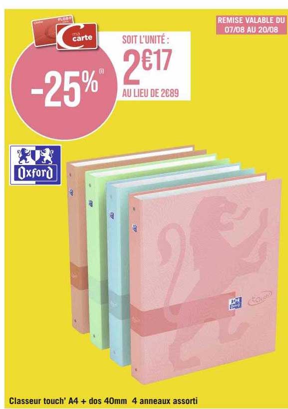 classeur touch' A4 + dos 40mm 4 anneaux assorti oxford