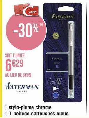 1 stylo-plume chrome + 1 boitede cartouches bleue waterman