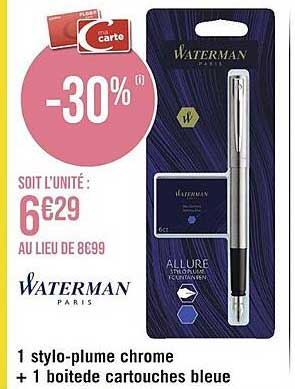 1 stylo-plume chrome + 1 boitede cartouches bleue waterman