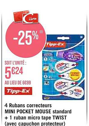 4 rubans correcteurs mini pocket mouse standard + 1 ruban micro tape twist (avec capuchon protecteur) tipp-ex