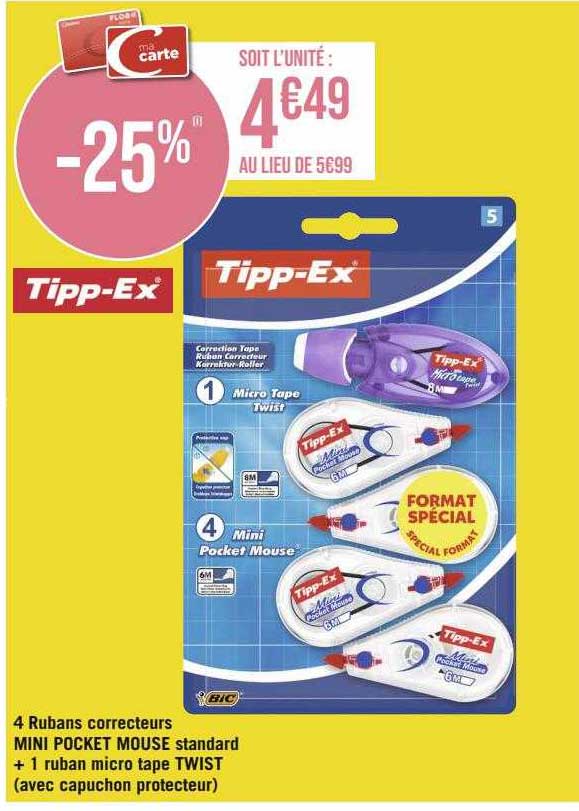 4 Rubans Correcteurs Mini Pocket Mouse Standard + 1 Ruban Micro Tape Twist (avec Capuchon Protecteur) Tipp-ex