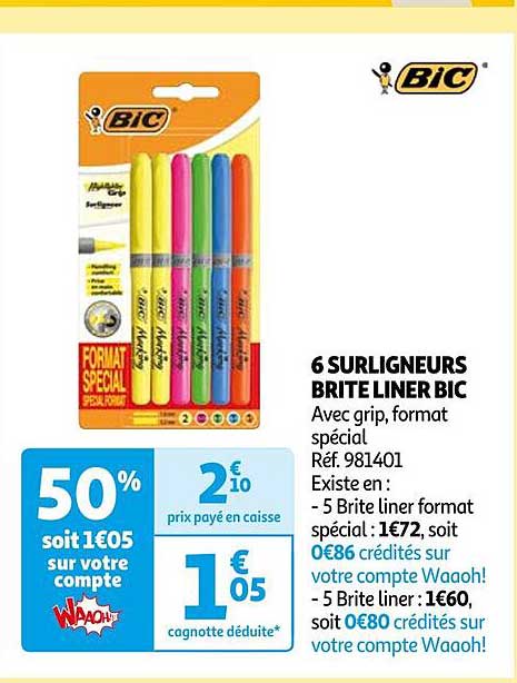 6 surligneurs brite liner bic
