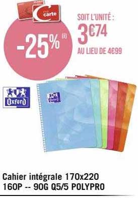 cahier intégrale 170 x 220 160p - 90 g q5/5 polypro