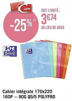 cahier intégrale 170 x 220 160p - 90g q5/5 polypro oxford
