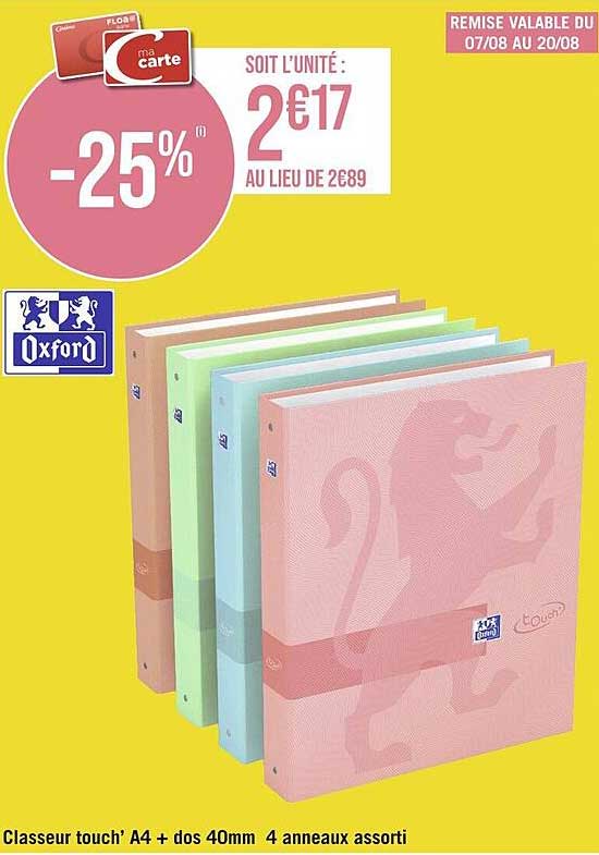 classeur touch' A4 + dos 40 mm 4 anneaux assorti oxford