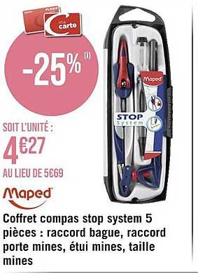 coffret compas stop system 5 pièces : raccord bague, raccord porte mines, étui mines, taille mines maped