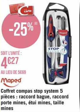 coffret compas stop system 5 pièces : raccord bague, raccord porte mines, étui mines, taille mines