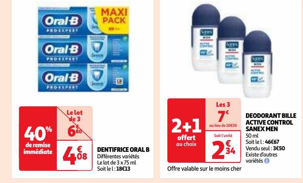 dentifrice oral b, déodorant bille active control sanex men