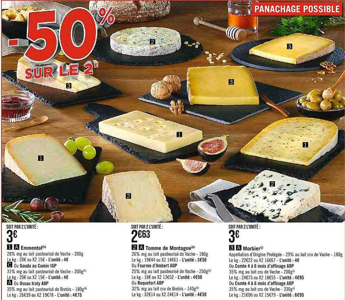 emmental ou gouda au cumin igp ou ossau iraty aop, tomme de montagne ou fourme d'ambert aop ou roquefort aop, morbier