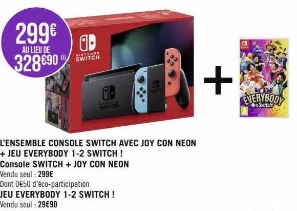 l'ensemble console switch avec joy con néon + jeu everybody 1-2 switch!