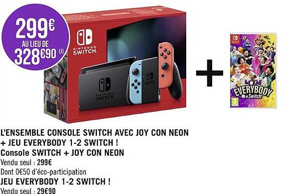 l'ensemble console switch avec joy con néon + jeu everybody 1-2 switch!