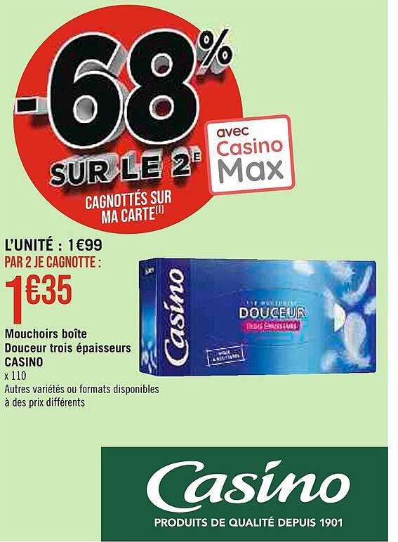 mouchoirs boîte douceur trois épaisseurs casino