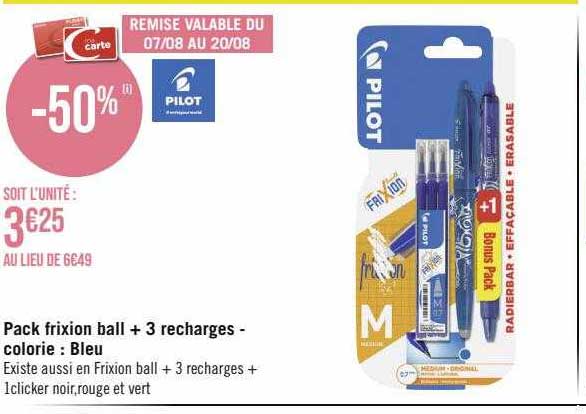 pack frixion ball + 3 recharges - colorie : bleu pilot