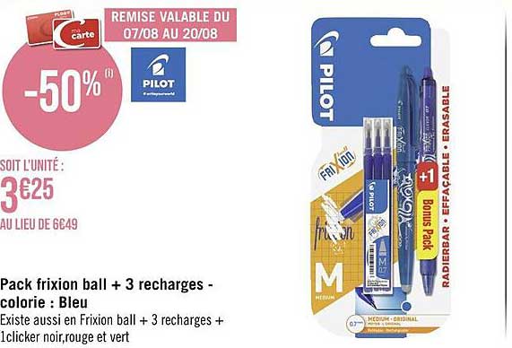 pack frixion ball + 3 recharges - colorie : bleu pilot