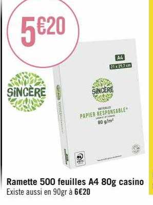 ramette 500 feuilles A4 80g casino sincère