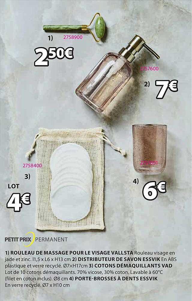 rouleau de massage pour le visage vallsta, distributeur de savon essvik, cotons démaquillants vad, porte-brosses à dents essvik